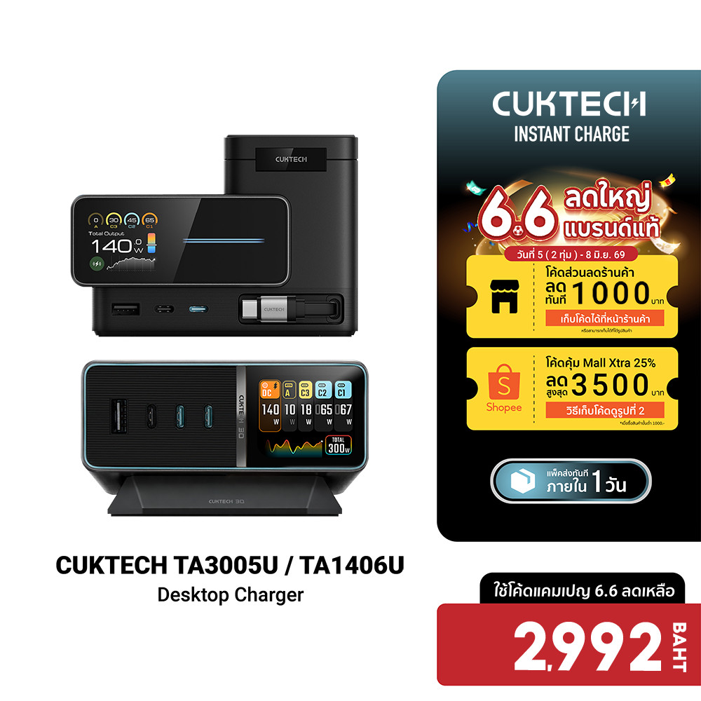 [ลดเหลือ 2992] CUKTECH TA3005U / TA1406U แท่นชาร์จ Desktop Charger DC Port 300W Max / 140W Max รองรับ PD3.1 , PPS -2Y