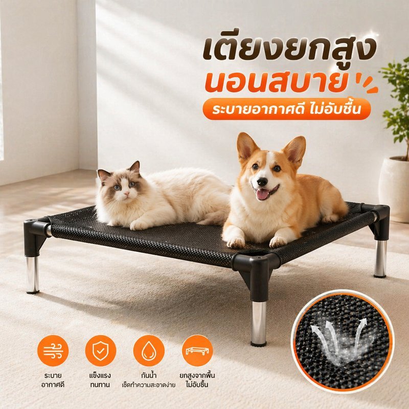 เตียงยกสัตว์เลี้ยง ที่นอนหมา ที่นอนแมว ตาข่ายระบายอากาศ กันชื้น กันน้ำ ยกสูง แข็งแรง ที่นอนสุนัข แผ่นกันลื่นสุนัข