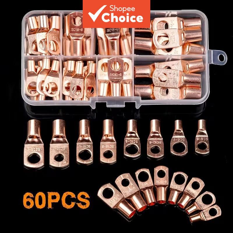 One ชุดลวดทองแดง Lug Connector, แหวน SC6-25 สายเปลือย Crimp Terminal Kit 60 ชิ้นทองแดงชุบดีบุกพร้อมกล่อง