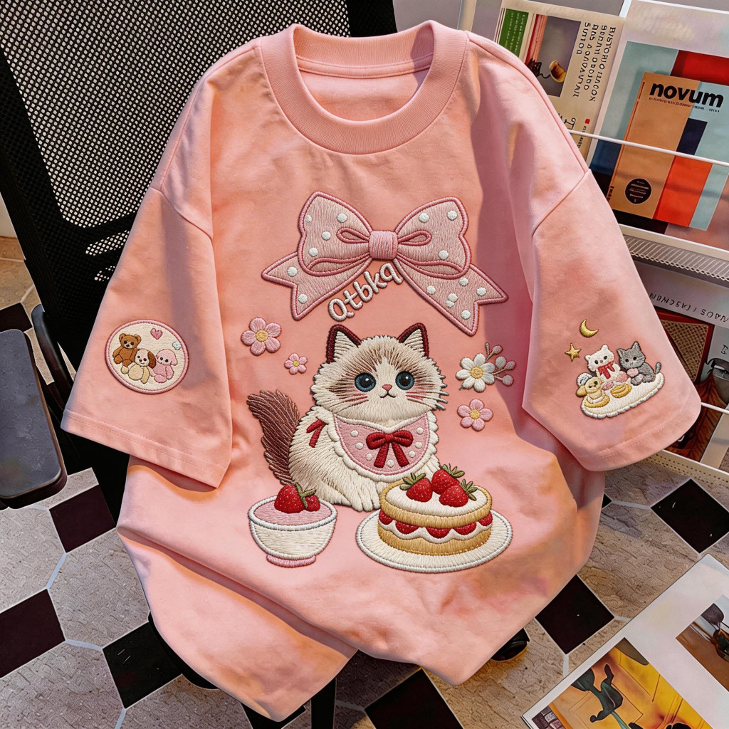 DailyTee🌟 เสื้อยืด oversize เสื้อเท่ๆ เกาหลี " Cat Cake " เสื้อแฟชั่นใ เกาหลีสไตล์ พิมพ์ลาย ผ้านิ่มใส่สบาย COD📦
