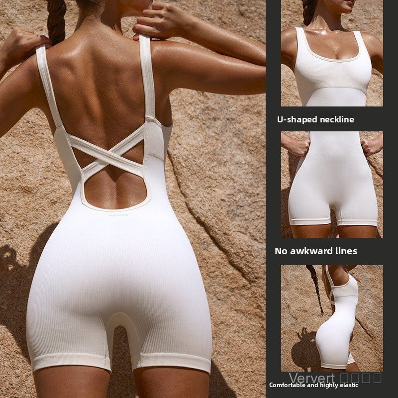 ชุดจั๊มสูทชุดโยคะแขนกุดข้ามที่สวยงามกลับสะโพก-Lifting Jumpsuit ยืดหยุ่นกีฬา Body Shaper Jumpsuit