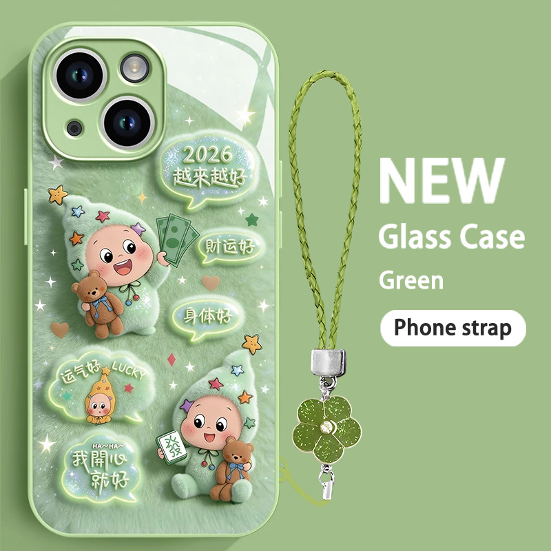 เคสไอโฟน 17 16 15 14 13 12 11 8 7 6 Plus Pro Max Air XS Max X XR สายคล้องโทรศัพท์ กันกระแทก เคสฝาหลังแข็งกระจก ของขวัญ ลวดลายน่ารักของตัวการ์ตูน,