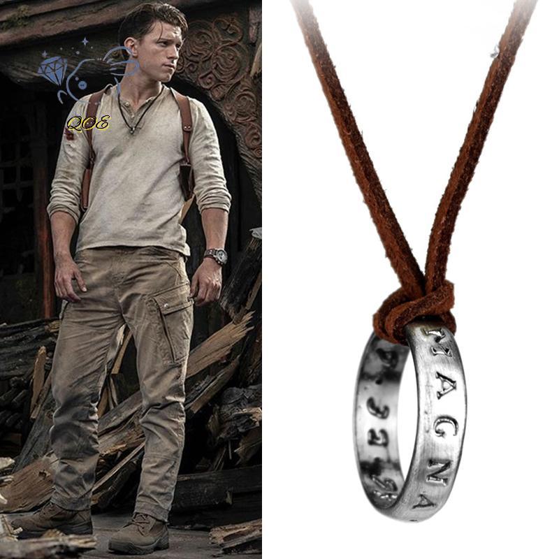 [QOE] ภาพยนตร์เกม Uncharted 4 Nelace Nathan Drake คอสเพลย์แหวนหนังรหัสโบราณ Vintage จี้เครื่องประดับ