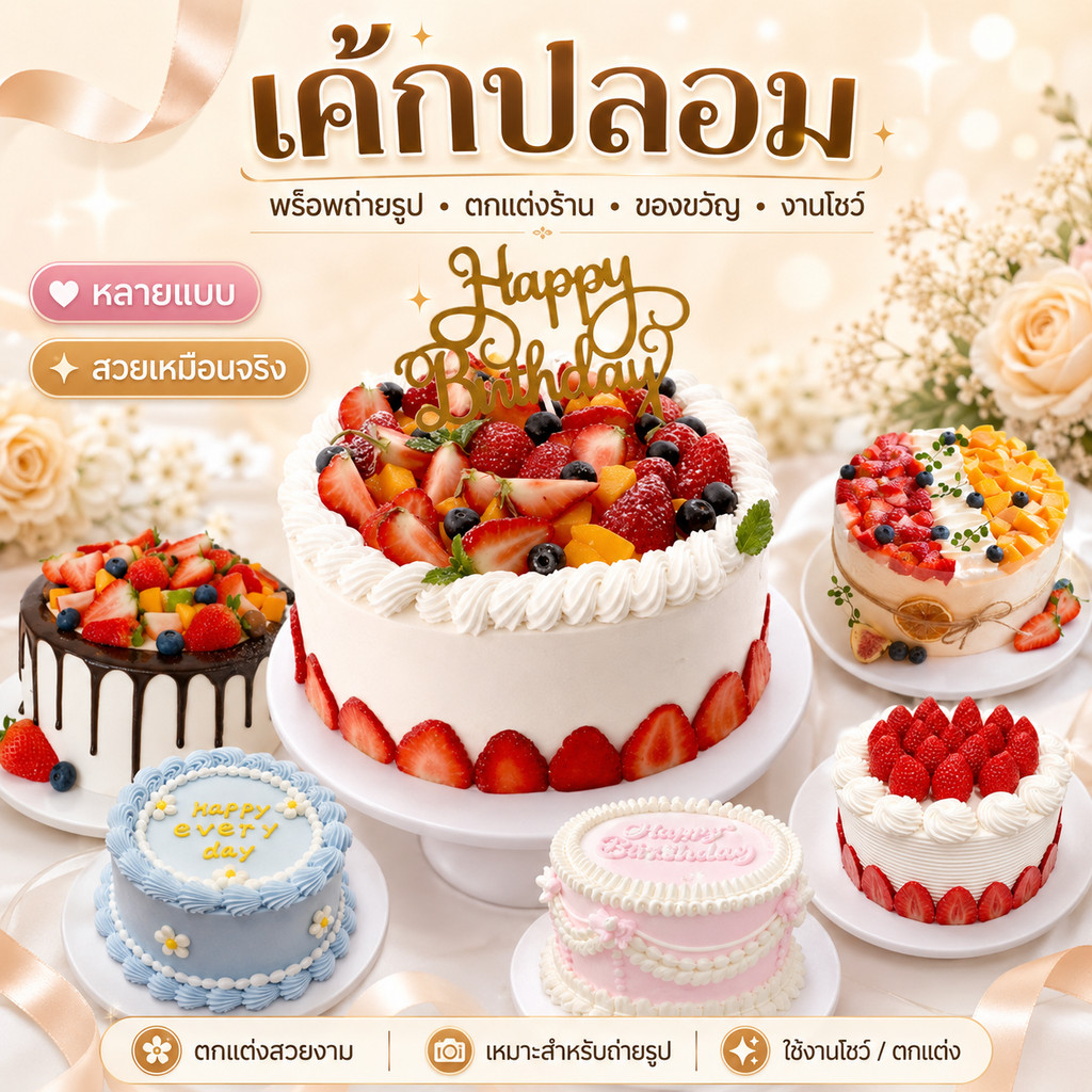 เค้กปลอม ก้อนใหญ่ เค้กวันเกิด โมเดลขนมเค้ก เหมาะใช้ตกแต่งบ้าน ร้านค้า ปาร์ตี้ พร๊อพถ่ายรูป สวยมากคะ