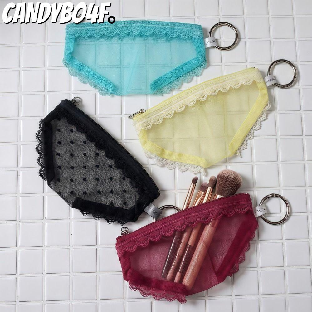 CANDYBO4F กระเป๋าเก็บเครื่องสําอาง, กางเกงในรูปร่างลูกไม้หัวใจกระเป๋าเครื่องสําอาง, ตาข่ายที่ไม่ซ้ํากัน Y2K โปร่งใสกระเป๋าใส่อุปกรณ์อาบน้ําสําหรับการเดินทาง