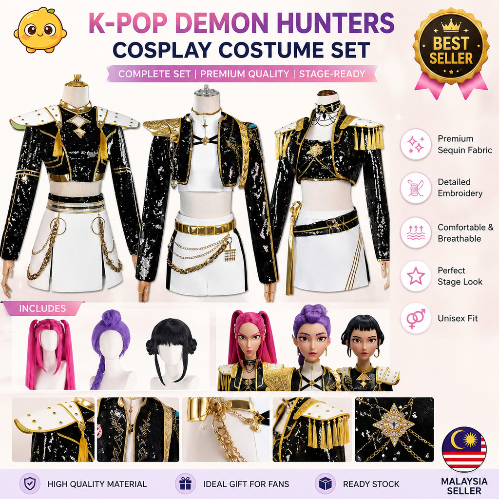 KPOP DEMON HUNTERS ชุดทองสีดําคอสเพลย์เครื่องแต่งกาย Full Pack พร้อมวิกผมสําหรับ RUMI ZOEY MIRA ใหม่