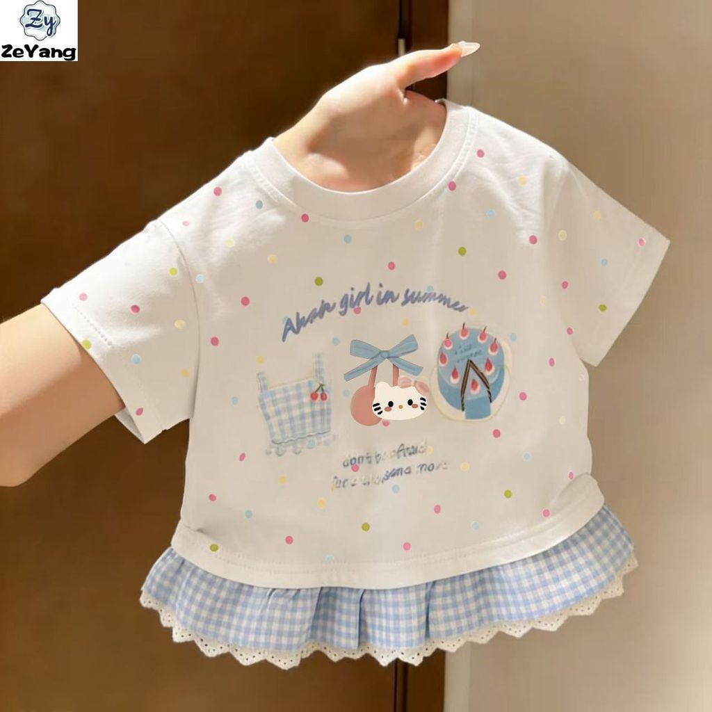 [ZY] 70-140 พร้อมสต็อกเด็กผ้าฝ้ายแท้แขนสั้นเสื้อยืดลูกไม้สบายๆสั้น T เด็กการ์ตูน Bottoming เสื้อ All-Match Top เสื้อผ้าเด็กแฟชั่น Fast Shipping