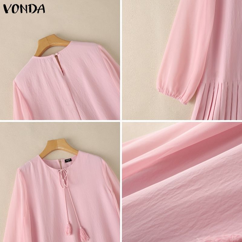 VONDA ผู้หญิงเกาหลีสไตล์ลําลองรอบคอ V Notch Tie พู่ชีฟอง Spliced ยืดหยุ่น Cuff พัฟแขนหลวมเสื้อสวมหัววันหยุดแขนยาวมินิเดรส — صورة 7
