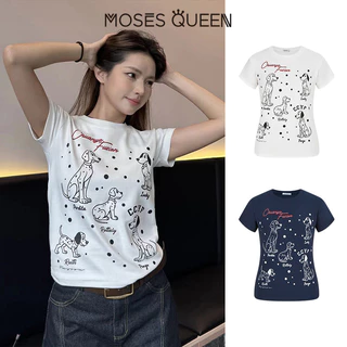 MOSESQUEEN เสื้อยืดแขนสั้นพิมพ์ลายสุนัขลายจุดดั้งเดิมอเมริกันสําหรับผู้หญิงฤดูร้อนเสื้อคอกลมสไตล์ใหม่ #63682