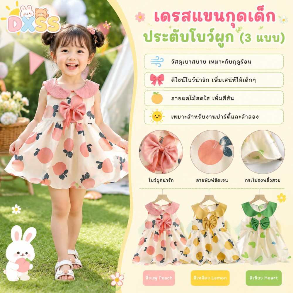 เดรสเด็กหญิงแขนกุดลายผลไม้ โบว์ผูกหน้าอก ผ้าบางเบาเหมาะฤดูร้อน สำหรับเด็ก1-6ปี