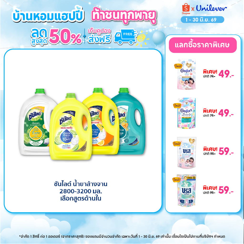 ซันไลต์  น้ำยาล้างจาน ขจัดคราบมัน 2800 - 3200 มล x2 Sunlight  Dish Washing 2800 - 3200 ml x2