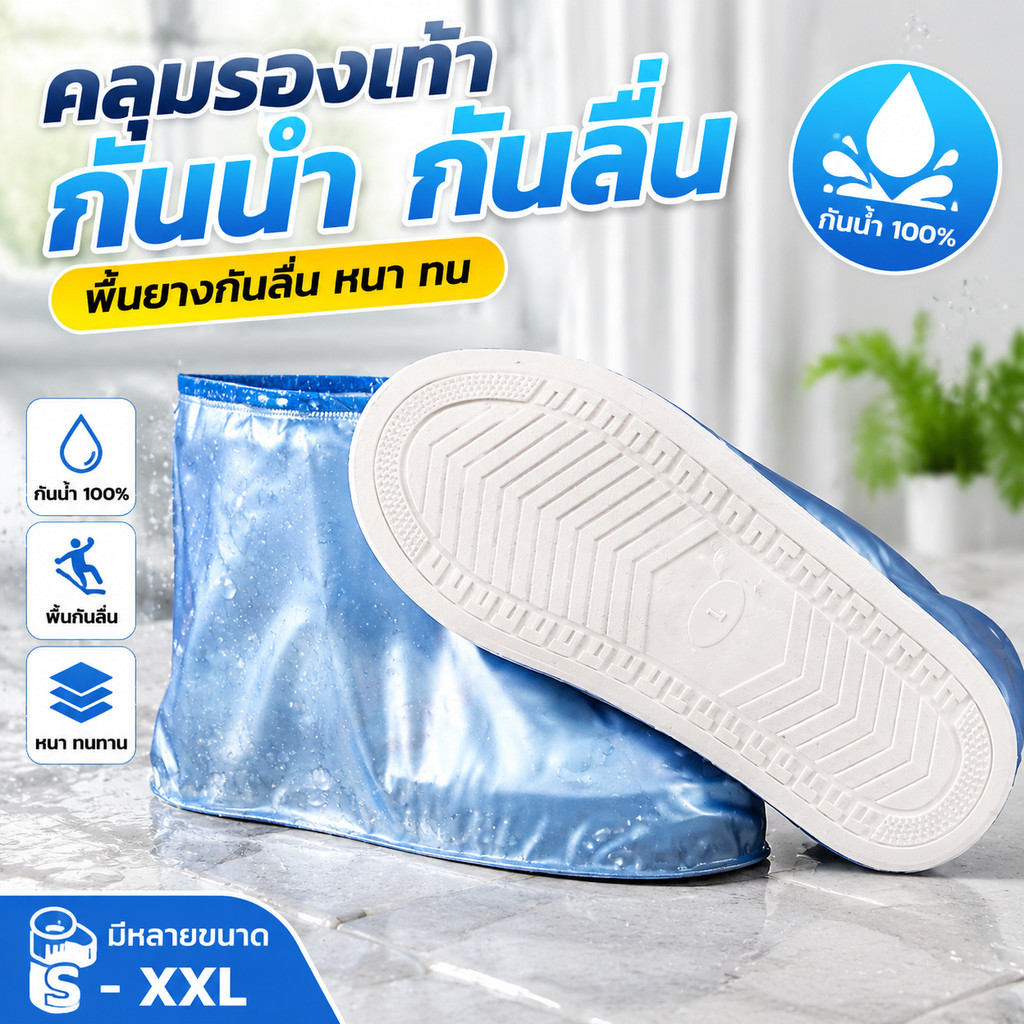 JOSLIN ถุงคลุมรองเท้ากันน้ำ รองเท้ากันฝนพีวีซีกันลื่นแบบหนา พื้นยางกันลื่น ใส่เดินสบายมีหลายสีหลายขนาดให้เลือก