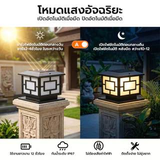 โคมไฟหัวเสาทรงเหลี่ยม โคมไฟโซล่าเซลล์ กันน้ำ IP67 ปรับได้ 4สี การควบคุมแสงอัจฉริยะ มอบแผงโซลาร์เซลล ไฟแต่งสวน