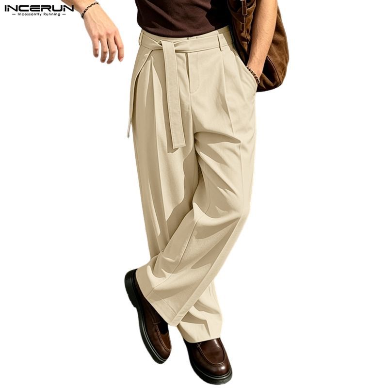 INCERUN ผู้ชายเกาหลีธุรกิจ Minimalist เอวสูง Tie-Up Design Pleats กางเกงสูทขากว้าง