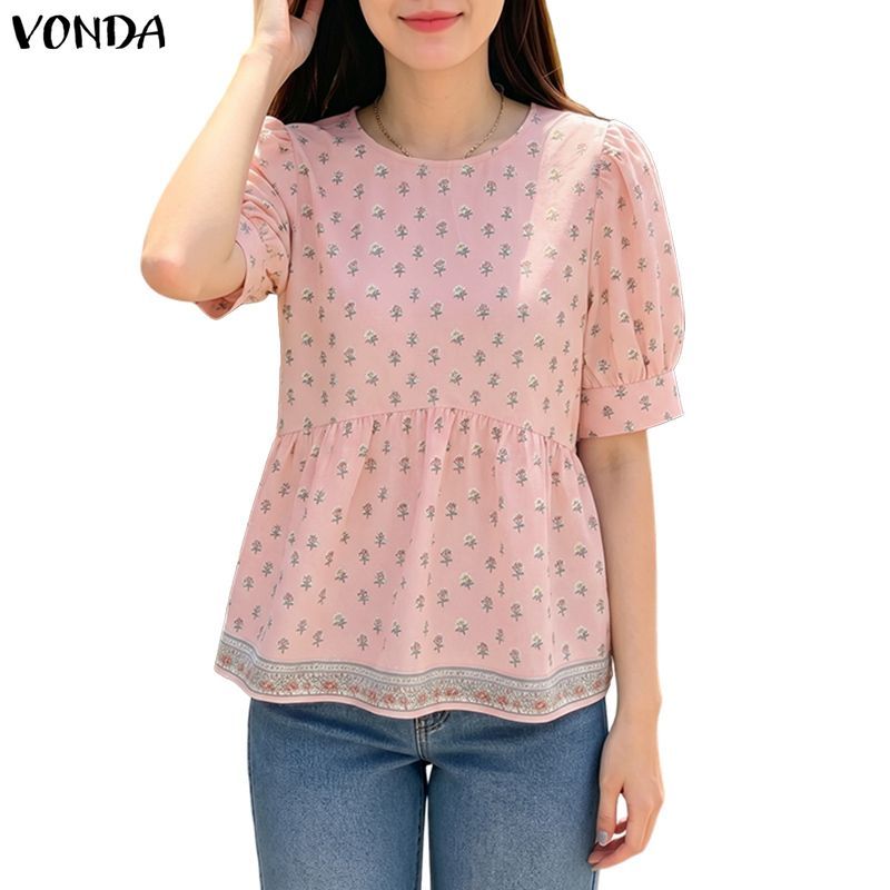 VONDA ผู้หญิงเกาหลี Girly สไตล์รอบคอปุ่มแผง Seams รวบรวมดอกไม้พิมพ์หลวมทอ Babydoll A-line เสื้อแขนสั้น