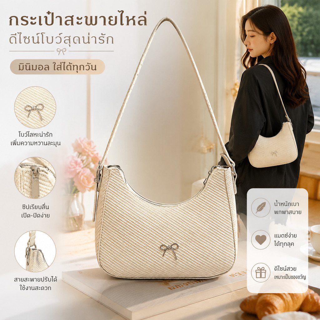 กระเป๋าสะพายไหล่สำหรับผู้หญิง ดีไซน์โบว์ทำจากหนัง PU พร้อมสายสะพายปรับได้ เหมาะสำหรับกิจกรรมกลางแจ้งและการออกเดท