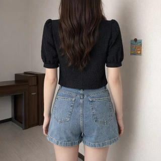 เสื้อแฟชั่น แขนสั้น รุ่นติดกระดุม คอเหลี่ยม ผ้าลินิน ทรวสวยดูลูกคุณหนูมาก เรียบง่าย สำหรับสาวหวาน