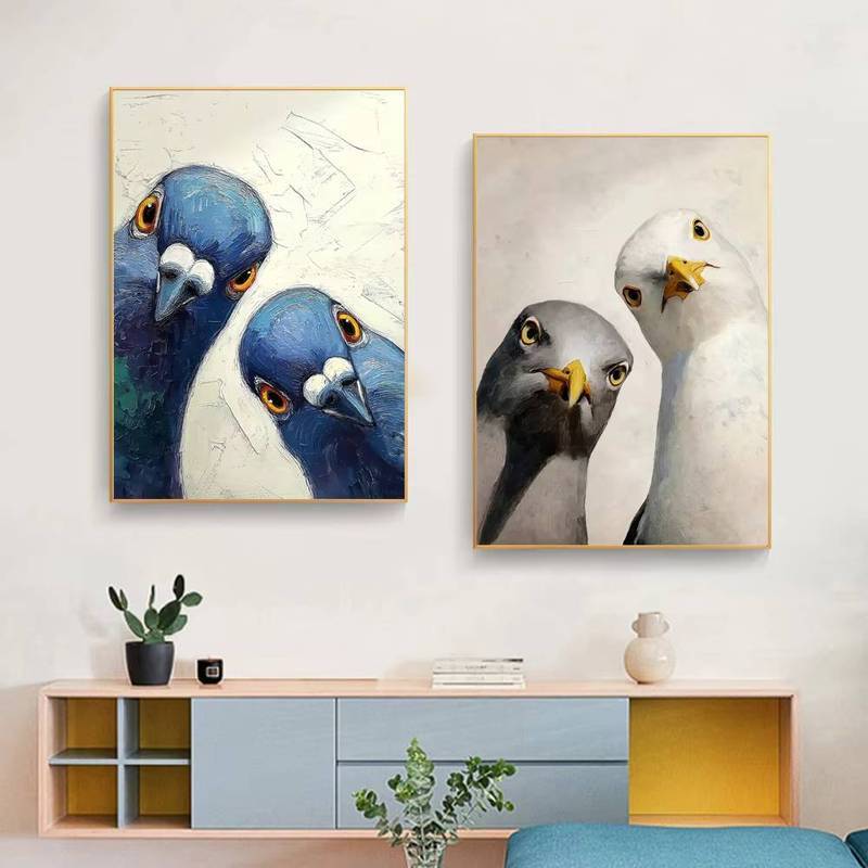 1 PC frameless ผ้าใบ Whimsical Pigeons Art พิมพ์ตลกสัตว์ Wall Decor นกฮูกสุนัขแมว Retro ภาพจิตรกรรมฝาผนังโปสเตอร์สําหรับ