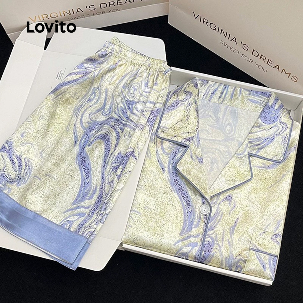 Lovito ชุดนอนผ้าซาติน 2 ชิ้น ดีไซน์หรูหรา สวมใส่สบาย เย็นสบาย เหมาะสำหรับใส่กลางวันและกลางคืน ในฤดูใบไม้ผลิ/ฤดูร้อน สไตล์เกาหลี หรูหรา นุ่มนวล มีสไตล์ สัมผัสเย็น LNE134133
