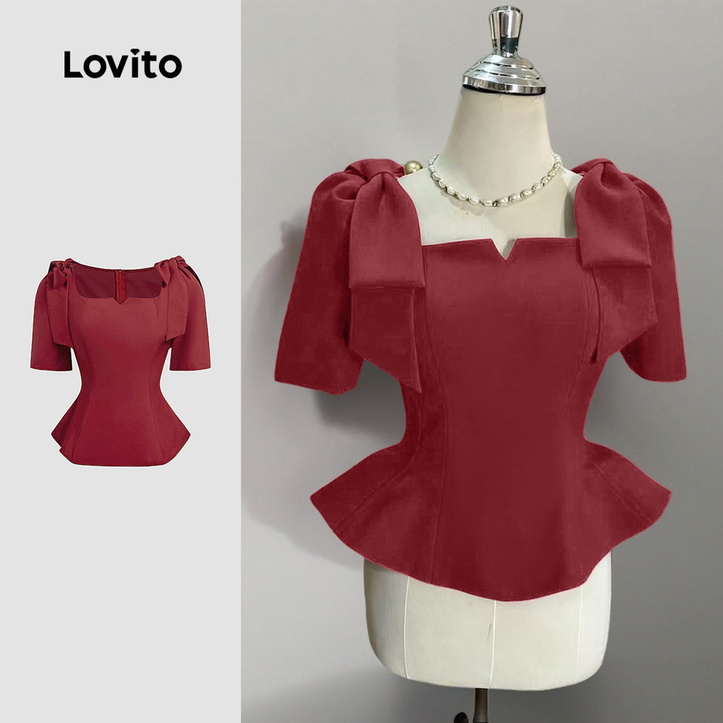Lovito เสื้อเบลาส์วินเทจผูกโบว์สีแดงเข้มสำหรับงานปาร์ตี้สำหรับผู้หญิง L157ED360