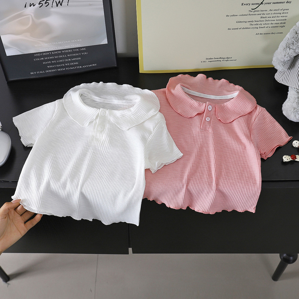 [RJ] สไตล์ใหม่ฤดูร้อนสาวแขนสั้นเสื้อยืดเด็กเวอร์ชั่นเกาหลีน่ารักตุ๊กตาปกด้านบนหญิงทารกแฟชั่น จุดต่ําสุด เสื้อ