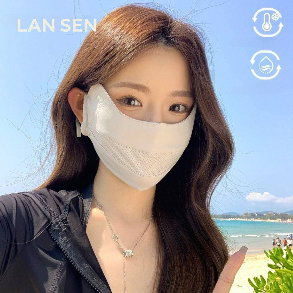 Lansen หน้ากากผ้าไหมน้ำแข็งกันแดด ป้องกันรังสี UV 99% หน้ากากปิดหางตา ระบายอากาศดี หมวกผ้าบัฟกันแดดผู้หญิง ไม่ระคายผิว