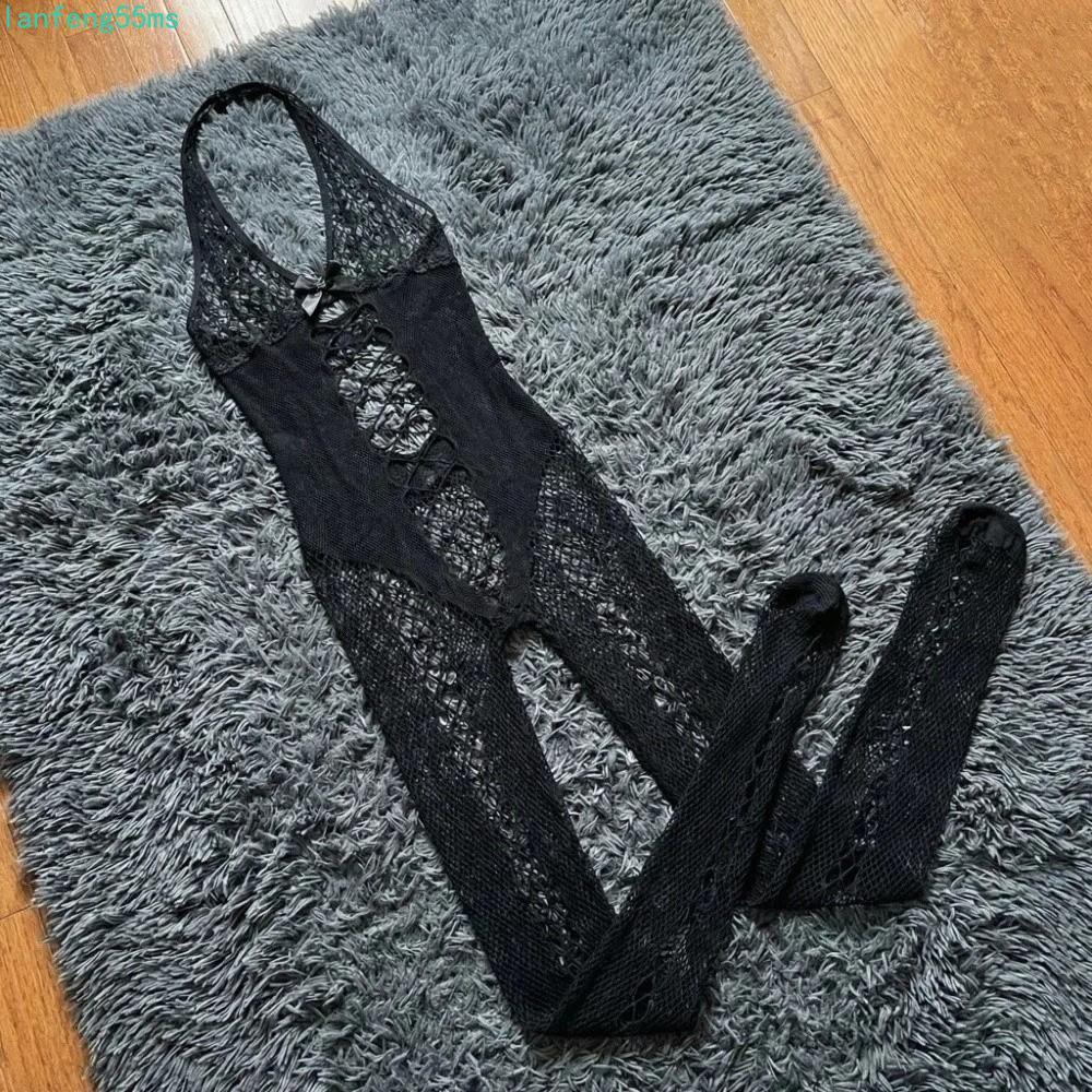 LANFENG บอดี้สูทลูกไม้ ถุงน่อง บอดี้สูทตาข่ายผู้หญิงชุดชั้นในถุงเท้า, สไตล์สาวเผ็ดลึกแขวน V คอเปิดเป้า Hollow Lace Camisole ชุดนอนบ้าน