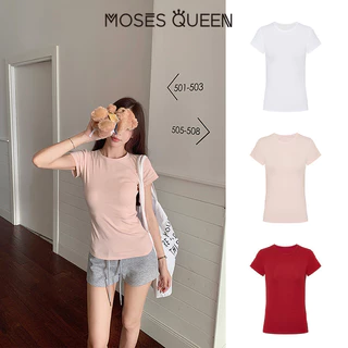 < MOSESQUEEN > เสื้อผ้าสกรีนส์แบบรูปทรงกลม แขนสั้น คอปกติ สีเดียว ช่วยยืดตัวและลดความอ้วน สำหรับผู้หญิง #62126