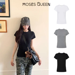 < MOSESQUEEN > เสื้อผ้าสกรีนส์แบบรูปทรงกลม แขนสั้น คอปกติ สีเดียว ช่วยยืดตัวและลดความอ้วน สำหรับผู้หญิง #62126