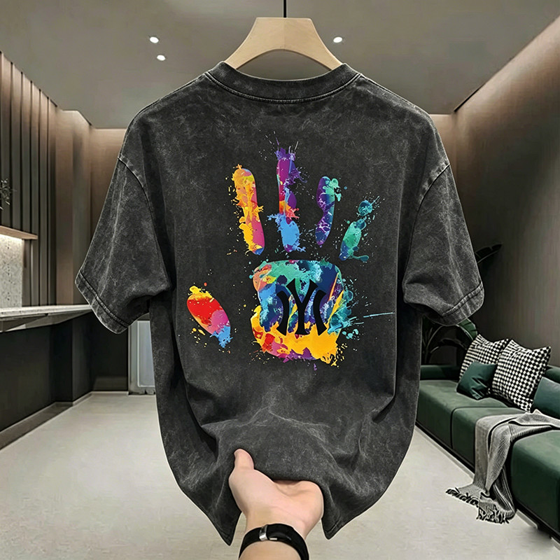 สินค้าพร้อมส่ง✨เสื้อยืดคอกลม - แขนสั้น OVERSIZE พิมพ์ลายเท่ๆหน้าหลัง เสื้อยืดผู้ชาย ผ้าฟอกวินเทจ