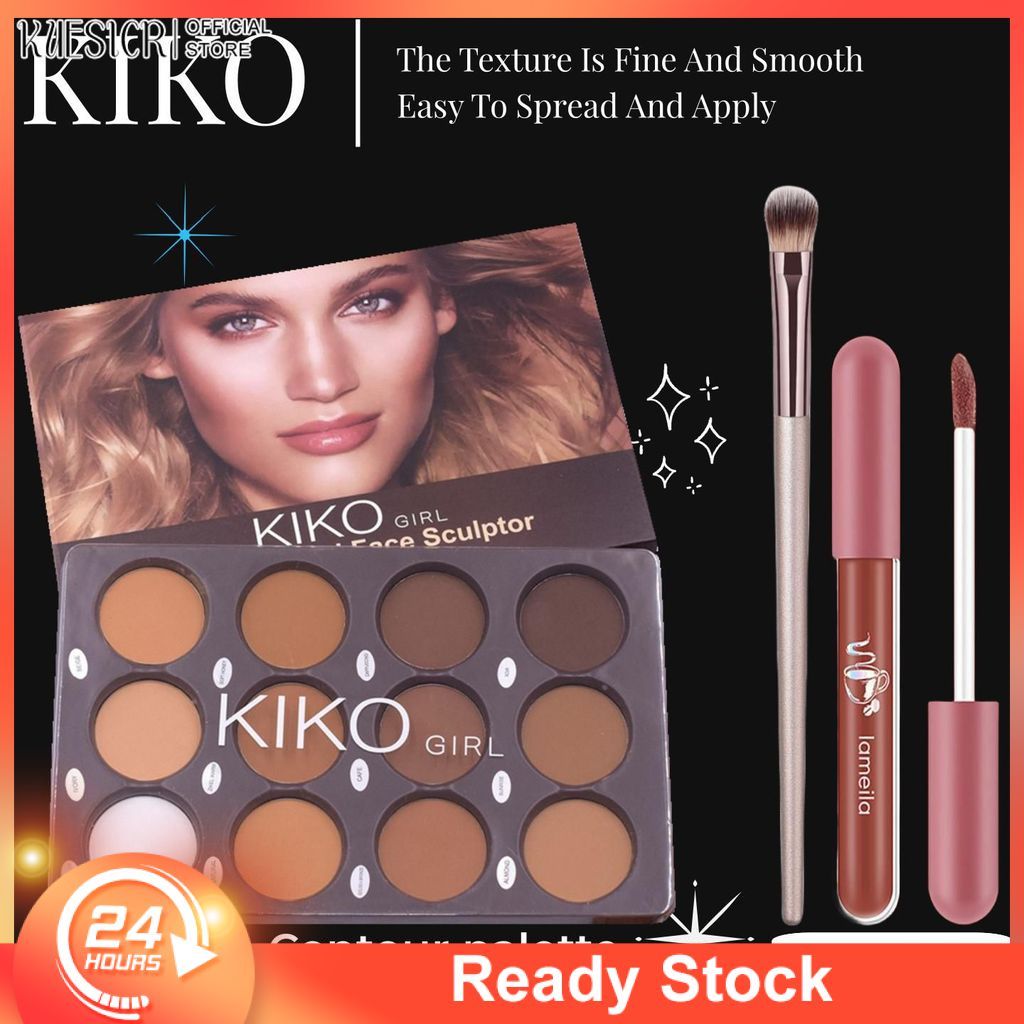 【เก็บเงินปลายD】 ชุดเครื่องสำอาง 3 ชิ้น กันน้ำ กันเหงื่อ ไม่หลุดง่าย KIKO พาเลทแต่งหน้า 12 สี คอนทัวร