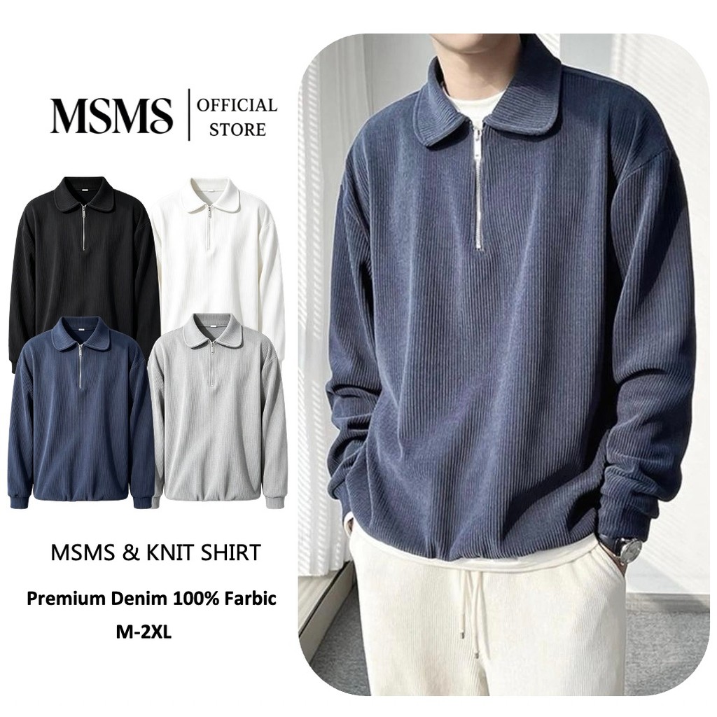Ribbed Half Zip Sweatshirt เสื้อสเวตเตอร์ผ้าลายร่องคอปกซิปครึ่งตัวแขนยาวผู้ชาย ทรงหลวมโอเวอร์ไซซ์ ผ้านุ่มระบายอากาศ มี4สี ดำ/ขาว/เทา/น้ำเงิน Size M-2XL