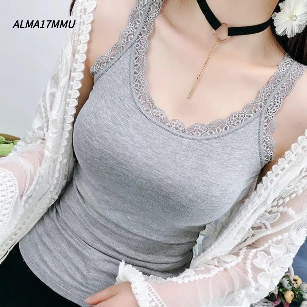 ALMA17MMU เสื้อกล้ามฤดูร้อน, Slim พร้อมเสื้อลูกไม้ Cami เสื้อลําลอง U คอหลวมติดตั้งสําหรับผู้หญิง
