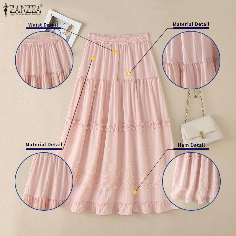 ZANZEA ผู้หญิงเกาหลีสไตล์สาวเอวยางยืดชั้นจีบ Patchwork สีทึบลูกไม้ A-line กระโปรง — صورة 7