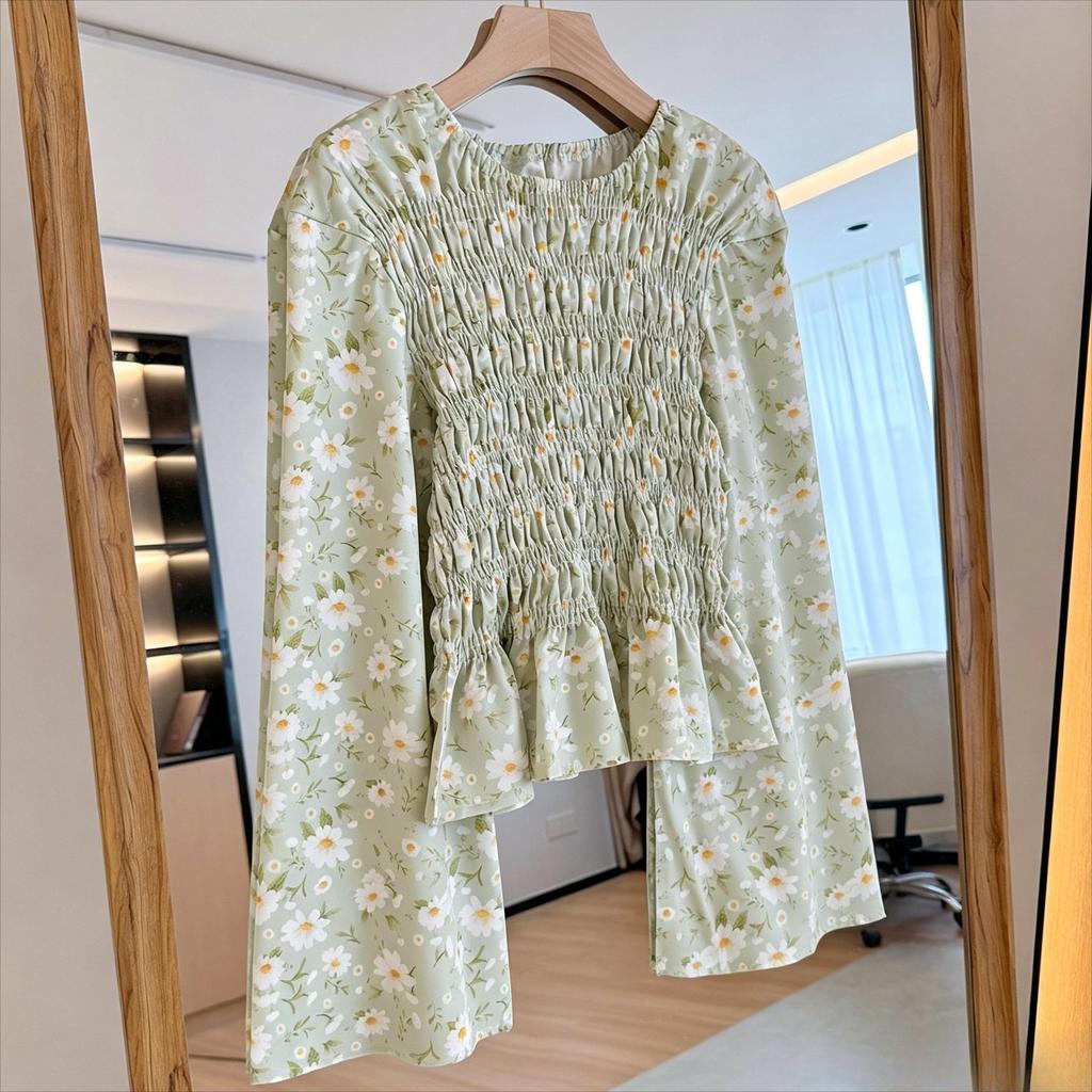 ผู้หญิงเสื้อเบลาส์ผ้าชีฟองลายดอกไม้เอวเก็บเอวคอกลมแขนกระดิ่งดีไซน์จับจีบผ้าน้ําหนักเบาและยืดไซส์ใหญ่