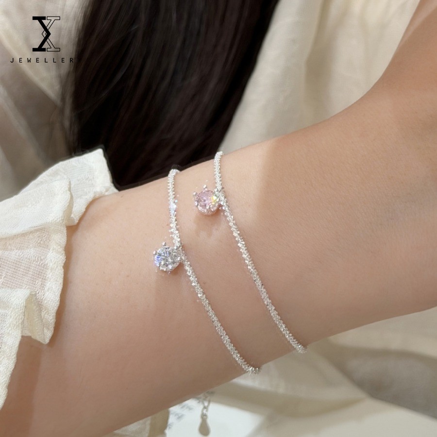 100% S925 เงินสเตอร์ลิงเพชรสีชมพู Shining Gypsophila สร้อยข้อมือประณีตหวาน All-Match
