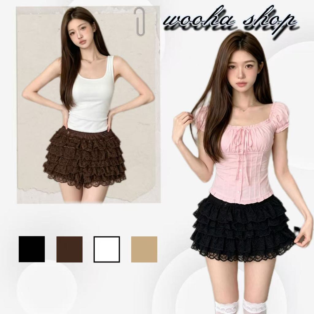 🥰wooha shop🥝ดีไซน์ลูกไม้หวานๆ กระโปรงทรงเอไลน์พองๆ ยืดหยุ่นสูง กระโปรงซับในช่วยให้ดูผอมเพรียว