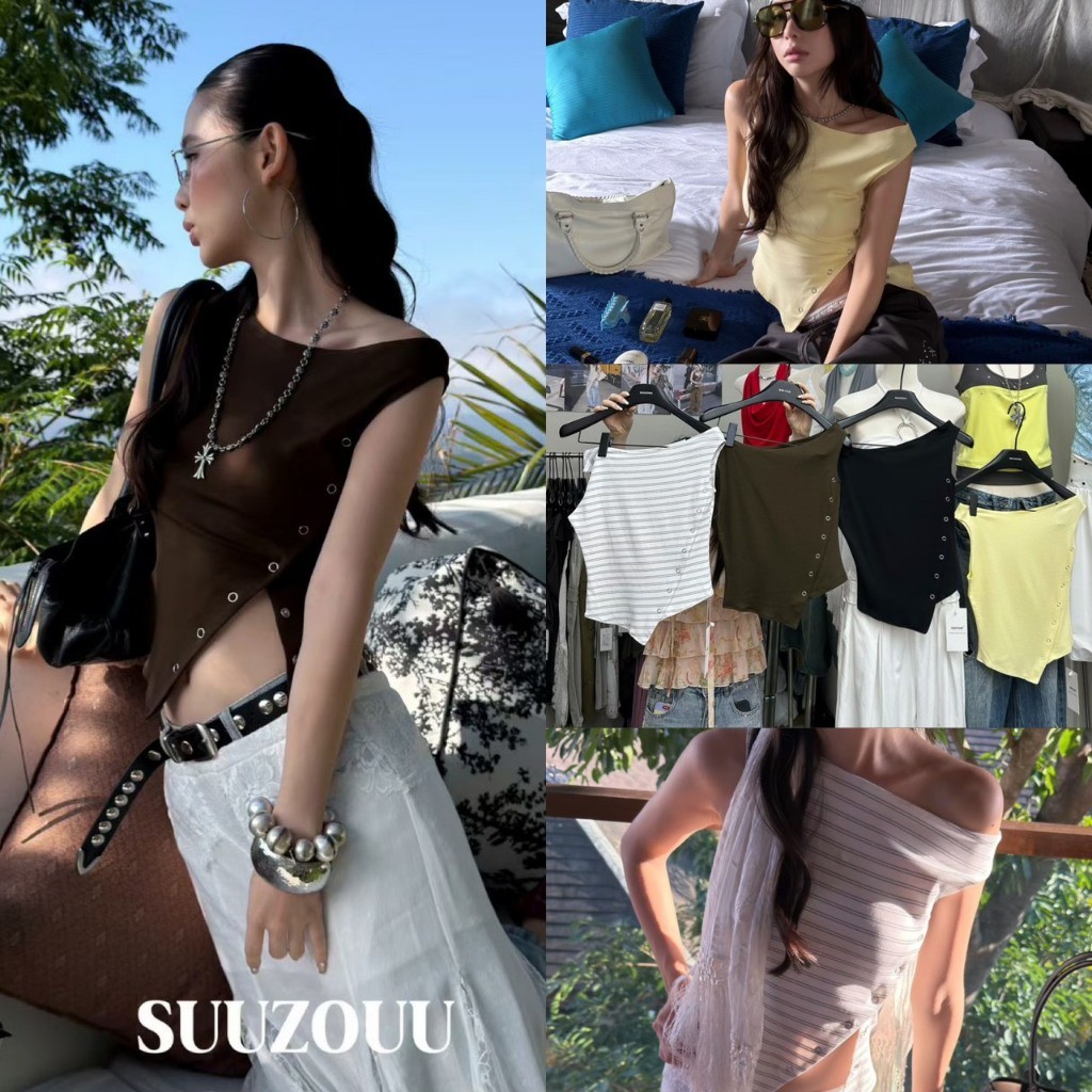 🤎 🤎 🇰🇷 SU260 เสื้อปาดไหล่ แต่งกระดุมเฉียง ผ้ายืด ผ้านิ่มใส่สบาย สีสวยแมทซ์ง่ายค่า แฟชั่นเกาหลี TAG MM Fish ✈
