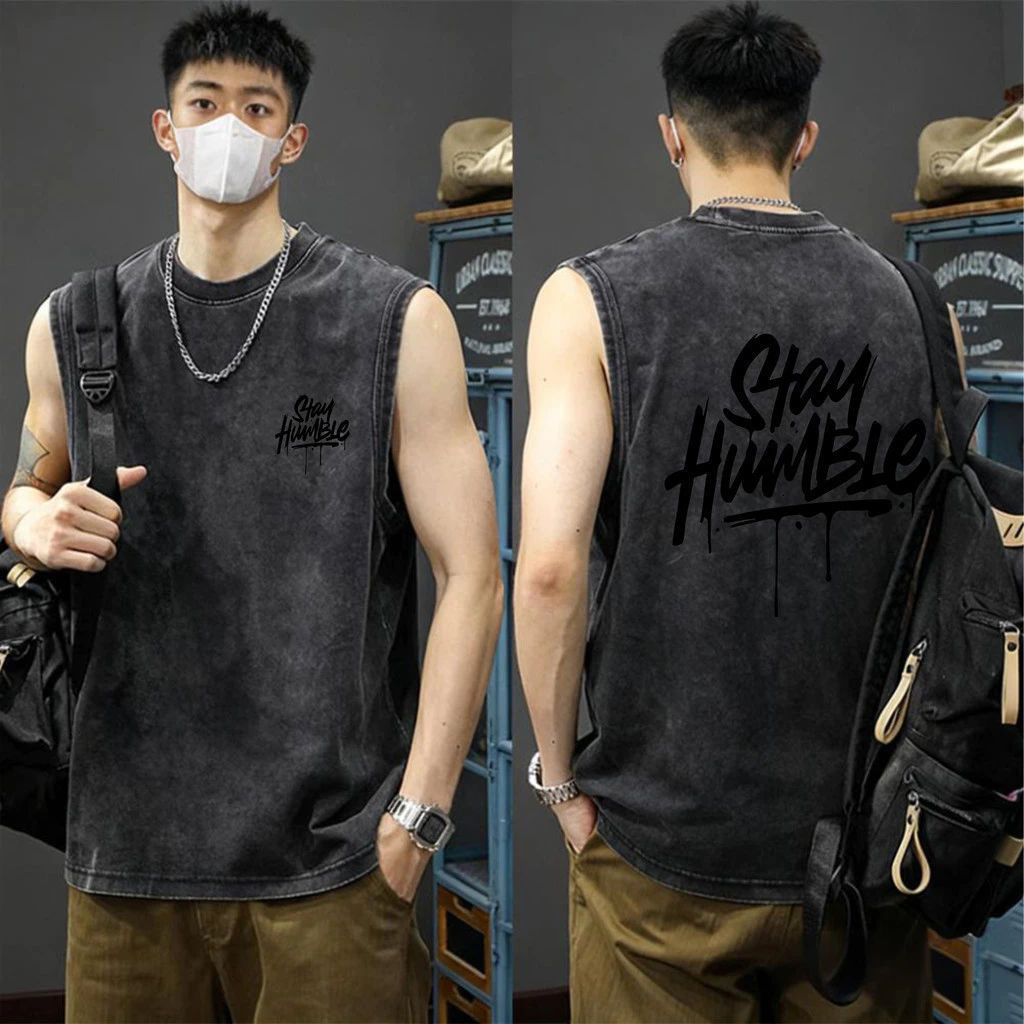 Y-T🐻เสื้อยืดชาย เสื้อกล้าม เสื้อยืดฟอก สวมใส่สบาย ผ้าฝ้าย100% คุณภาพสูง ลาย "STAY HUMBLE" ไม่ต้องรีดผ้า สไตล์ลำลอง