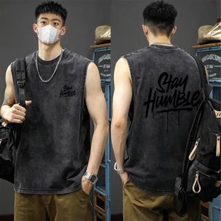 Y-T🐻เสื้อยืดชาย เสื้อกล้าม เสื้อยืดฟอก สวมใส่สบาย ผ้าฝ้าย100% คุณภาพสูง ลาย "STAY HUMBLE" ไม่ต้องรีดผ้า สไตล์ลำลอง