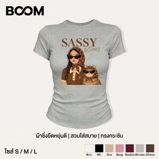 BOOM แฟชั่นเกาหลี เสื้อยืดคอกลมยืดหยุ่น ทรงกระชับ ลายสาวแมวลายเสือ สไตล์วินเทจY2K มีหลายสี แต่งง่าย ใส่สบาย ไม่ย้วย
