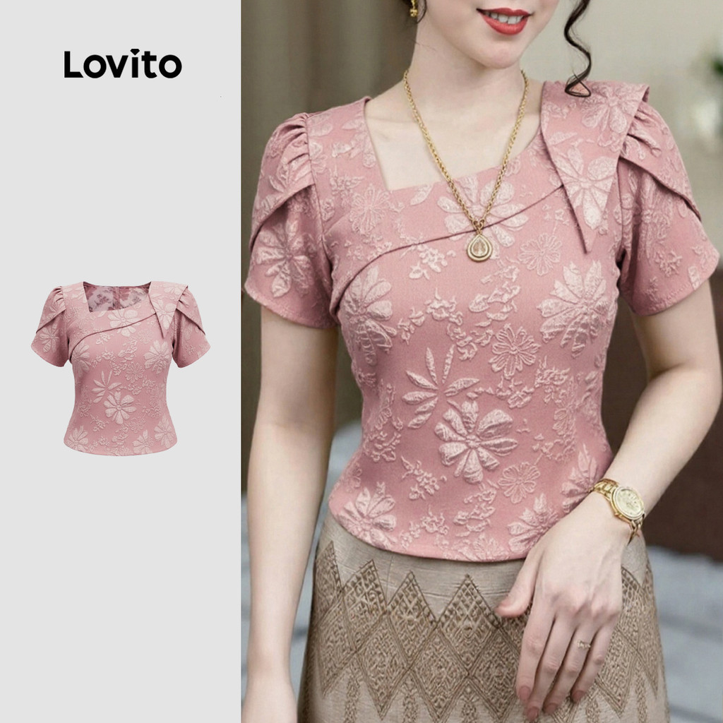Lovito  เสื้อเบลาส์ผู้หญิง สีชมพู สไตล์ไม่สมมาตร สําหรับฤดูใบไม้ผลิ/ฤดูร้อน LK4LD2479