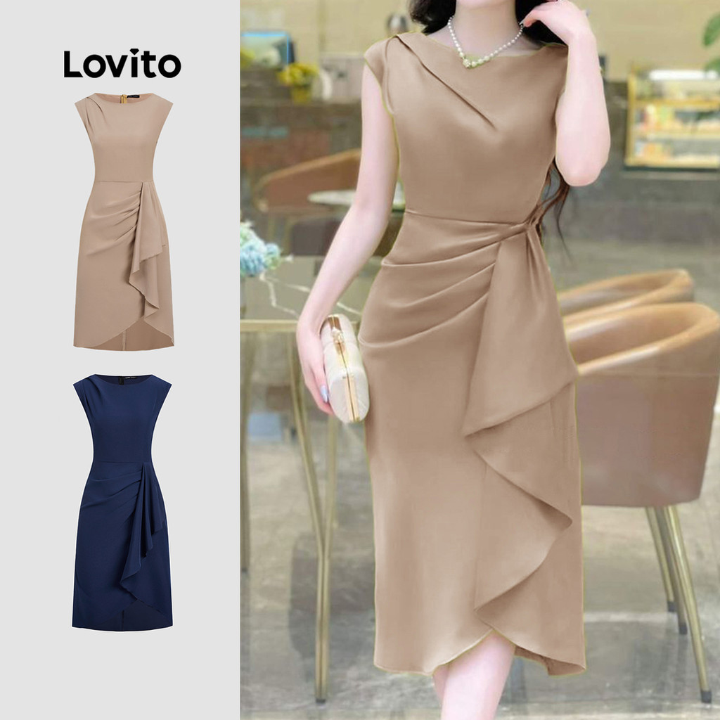 Lovito ชุดเดรสหรูหรารายละเอียดพลีตทรงเอแนวนอน สวมใส่สบาย ต้อนรับฤดูใบไม้ผลิ/ฤดูร้อน สีคากี้ L155ED1811