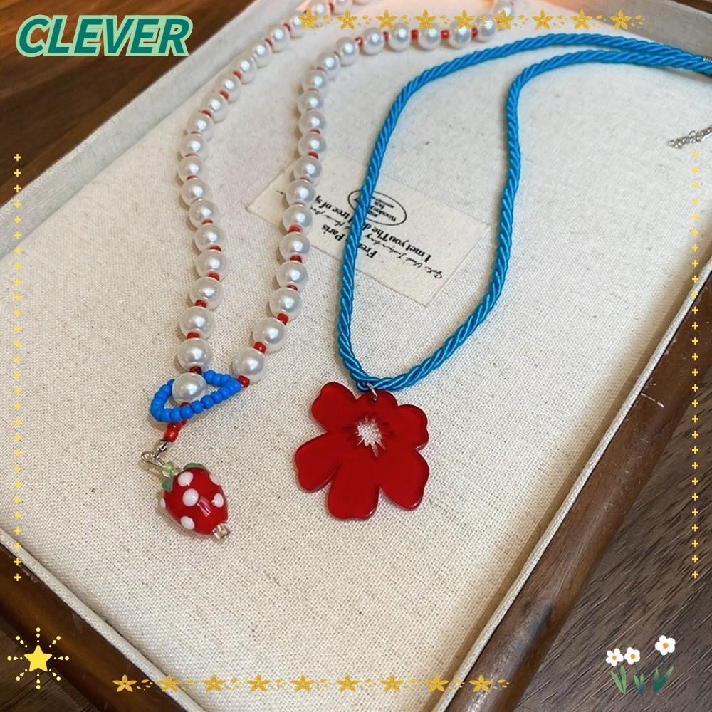 CLEVER สร้อยคอเชือกถัก 2pca, จี้สตรอเบอร์รี่สร้อยคอดอกไม้ชั้น, แฟชั่นอะคริลิคจําลองลูกปัดโซ่ฤดูร้อน