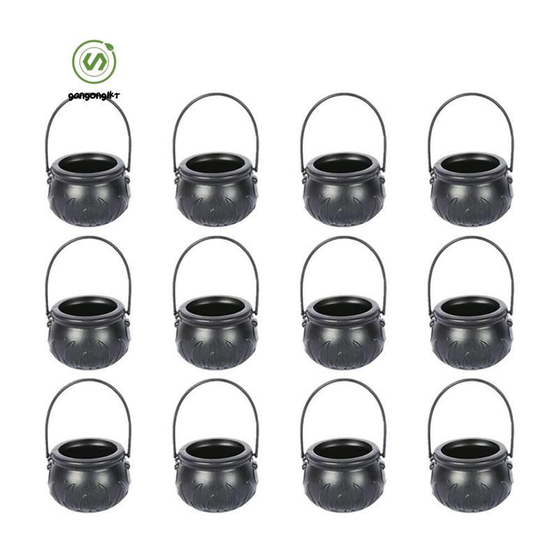 [gangong1kr]12PCS หม้อแม่มดฮาโลวีนพลาสติก Mini Witch Cauldron ที่ใส่ขนมสีดําตกแต่งฮาโลวีนปาร์ตี้โปรดปรานตกแต่งใช้งานง่าย