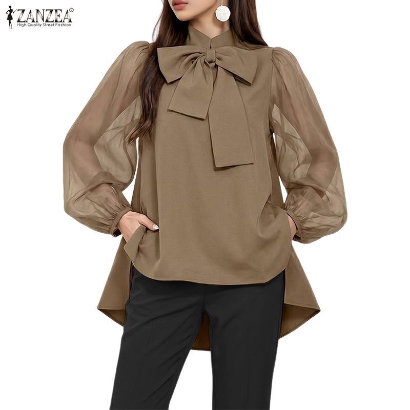 ZANZEA ผู้หญิงเกาหลีคอตั้ง 3/4 แขนโคมไฟตาข่าย Splice Neckline Bowknot ด้านหน้าสั้นกลับยาวด้านข้าง Slit เสื้อ