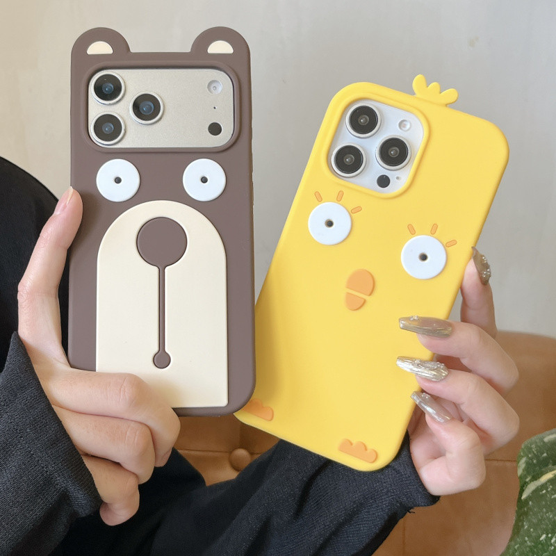 3D ยกการ์ตูนหมี Chick ซิลิโคนเคสโทรศัพท์กันกระแทกสําหรับ iPhone 17 16 15 14 13 Pro Max ซิลิโคนอ่อนนุ่มฝาครอบป้องกัน