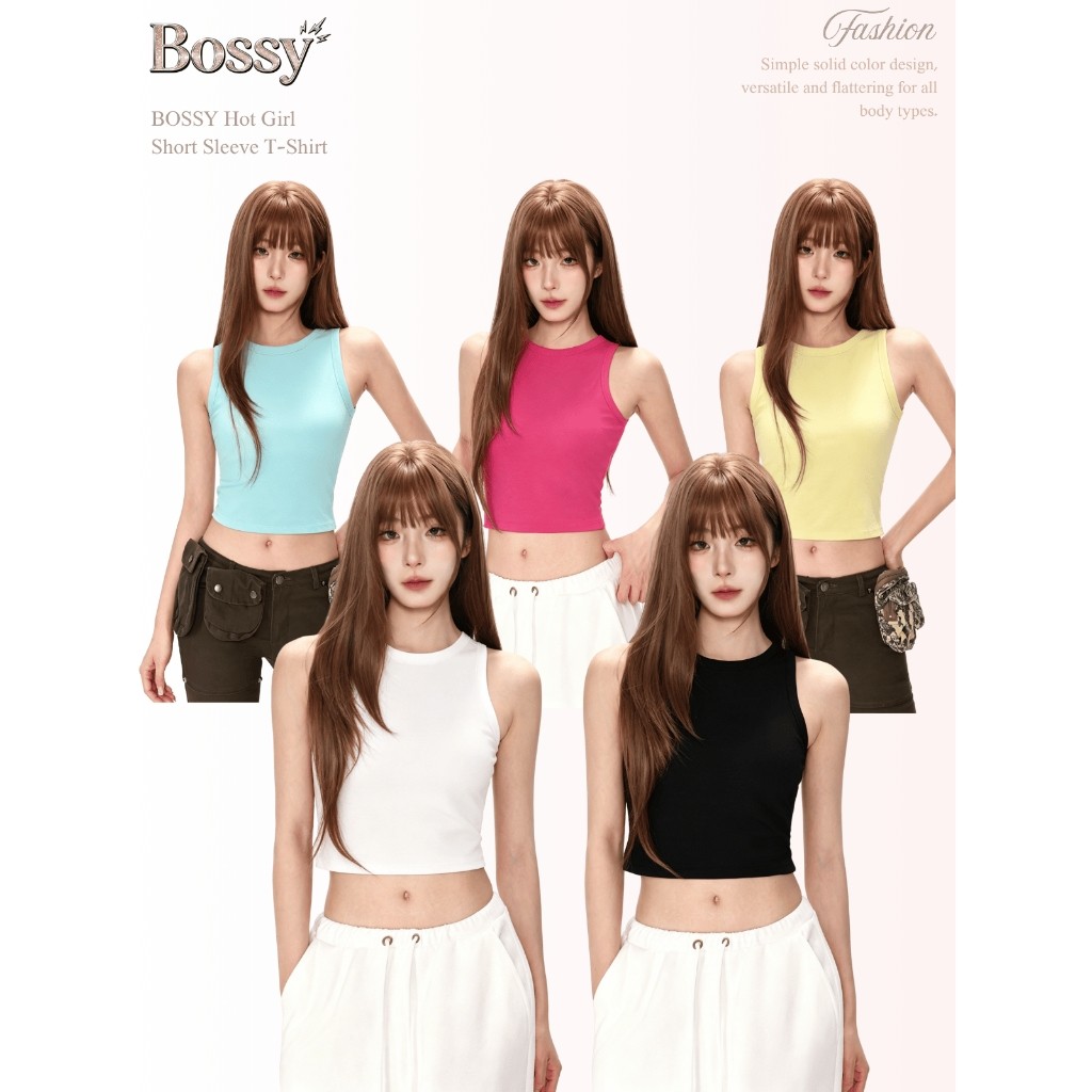 BOSSY สวีทสาวอเมริกันผู้นําด้านสีแดงเสื้อผ้ายางฤดูร้อนใหม่พักผ่อนหย่อนใจเสื้อกั๊กสั้น ผ้าฝ้าย100%#C