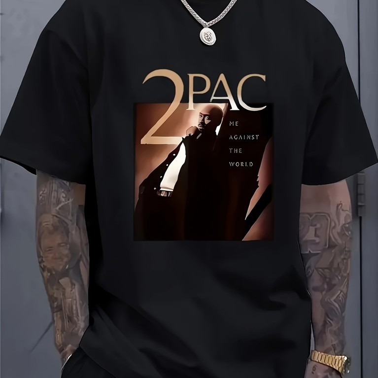 เสื้อยืดกราฟิก 2Pac "Against the World" สําหรับผู้ชาย - เสื้อยืดคอกลมลําลองสีดําพิมพ์ลายดิจิตอลตัวหน