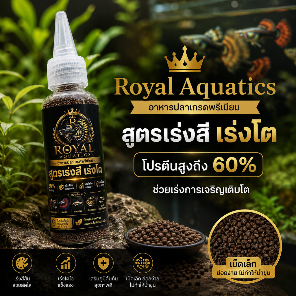 โปรตีน 60% Royal Aquatics ลูกปลากินได้ อาหารปลาหางนกยูง สูตรเร่งสี เร่งโต เม็ดเล็กมาก เกรดพรีเมียม
